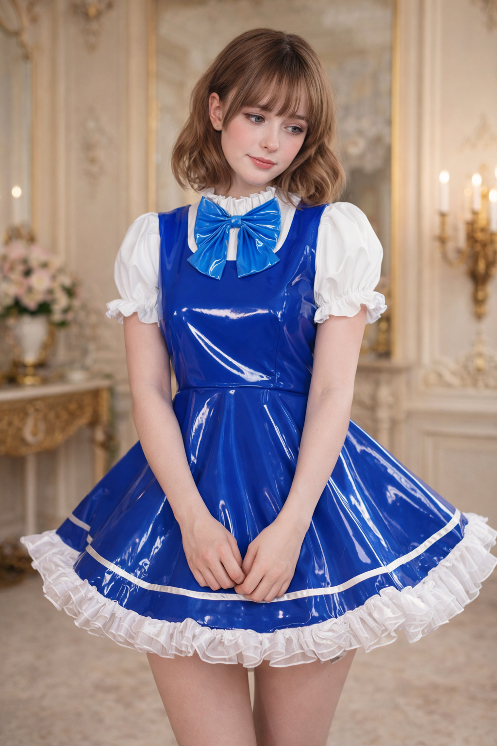 Robe de soubrette en PVC fin bleu avec chemisier verrouillable – Sur mesure G3907