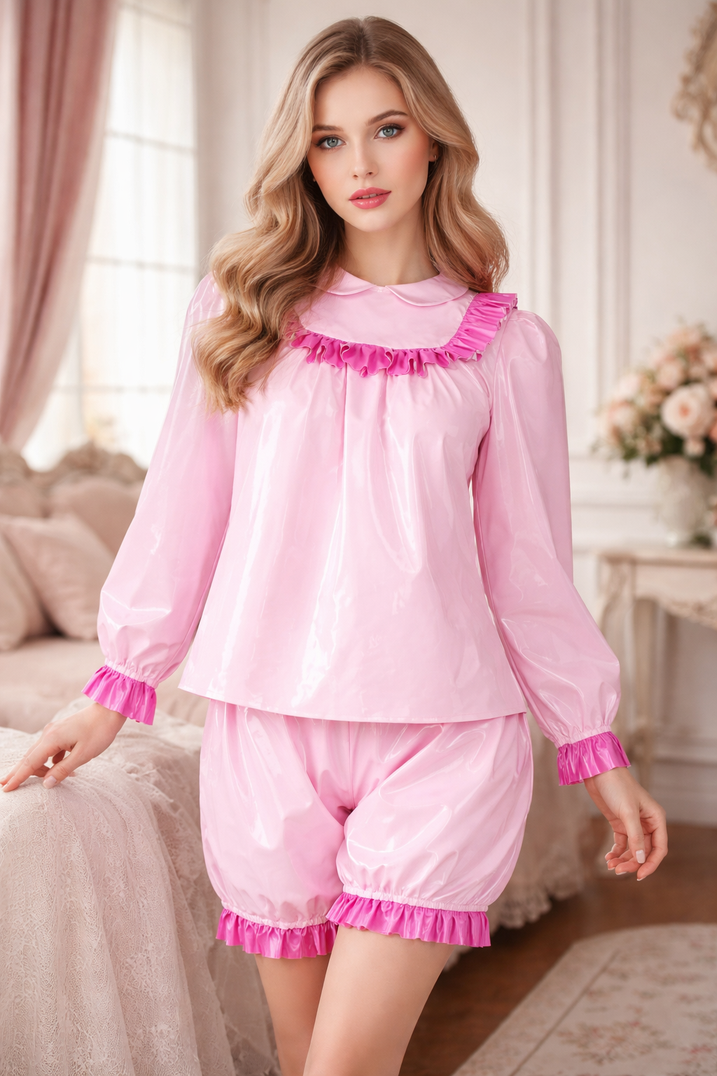 Ensemble de soubrette rose pâle en PVC fin avec chemisier et short verrouillables – Sur mesure G3908