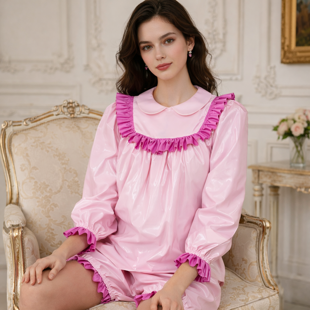 Ensemble de soubrette rose pâle en PVC fin avec chemisier et short verrouillables – Sur mesure G3908