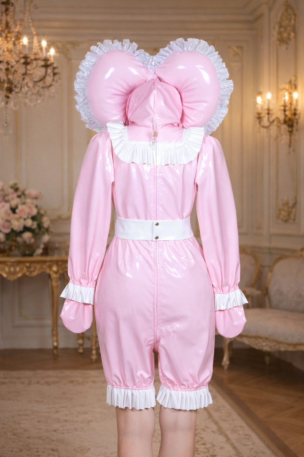 Baby Pink Thin PVC Heart Hooded Sissy Maid Bodysuit with Gloves & Belt – Lockable, Custom Made G3910