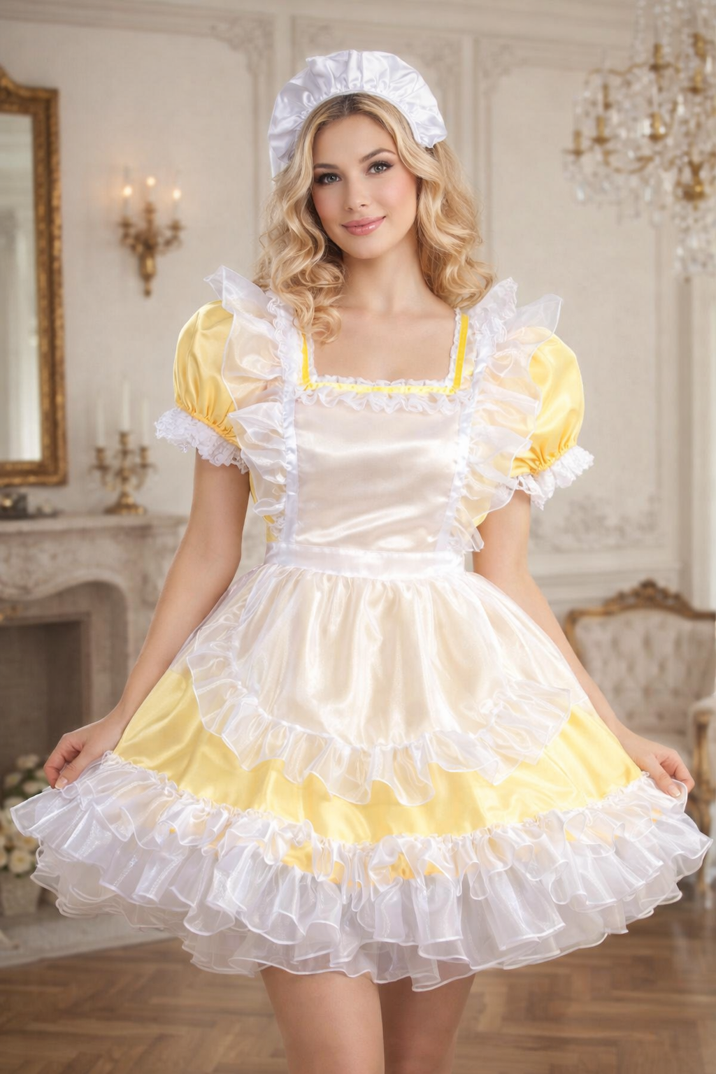 Robe de soubrette en satin jaune et organza avec tablier et coiffe verrouillables – Confection sur mesure G3916