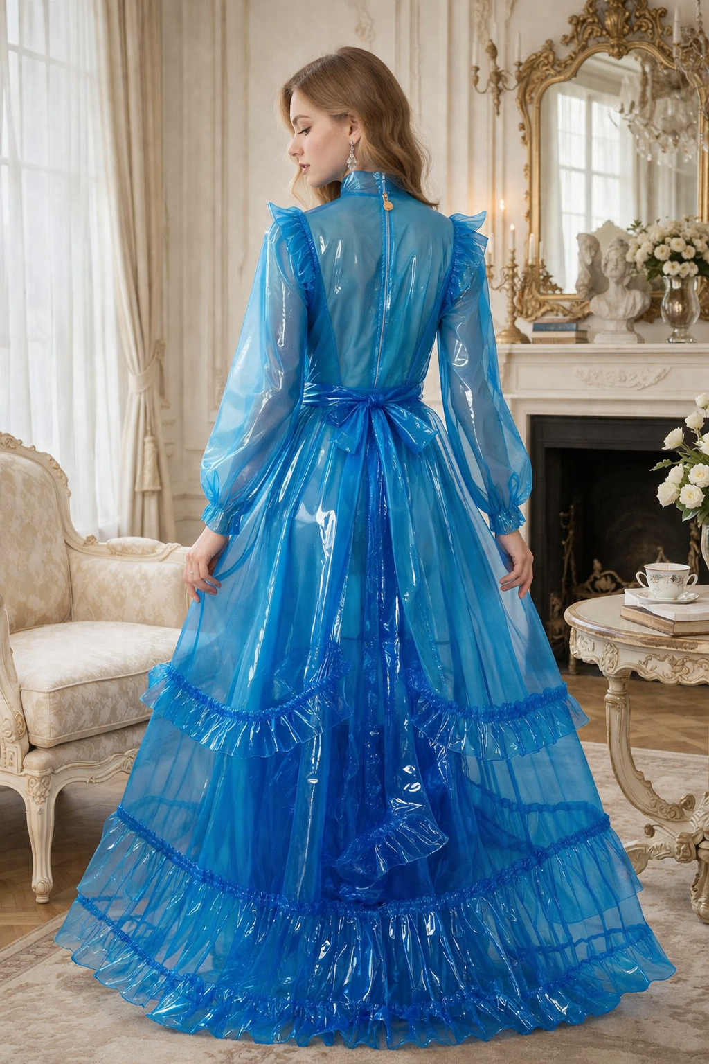 Blaues, durchsichtiges PVC-Mädchenkleid mit abschließbarem Verschluss – Maßanfertigung G3917