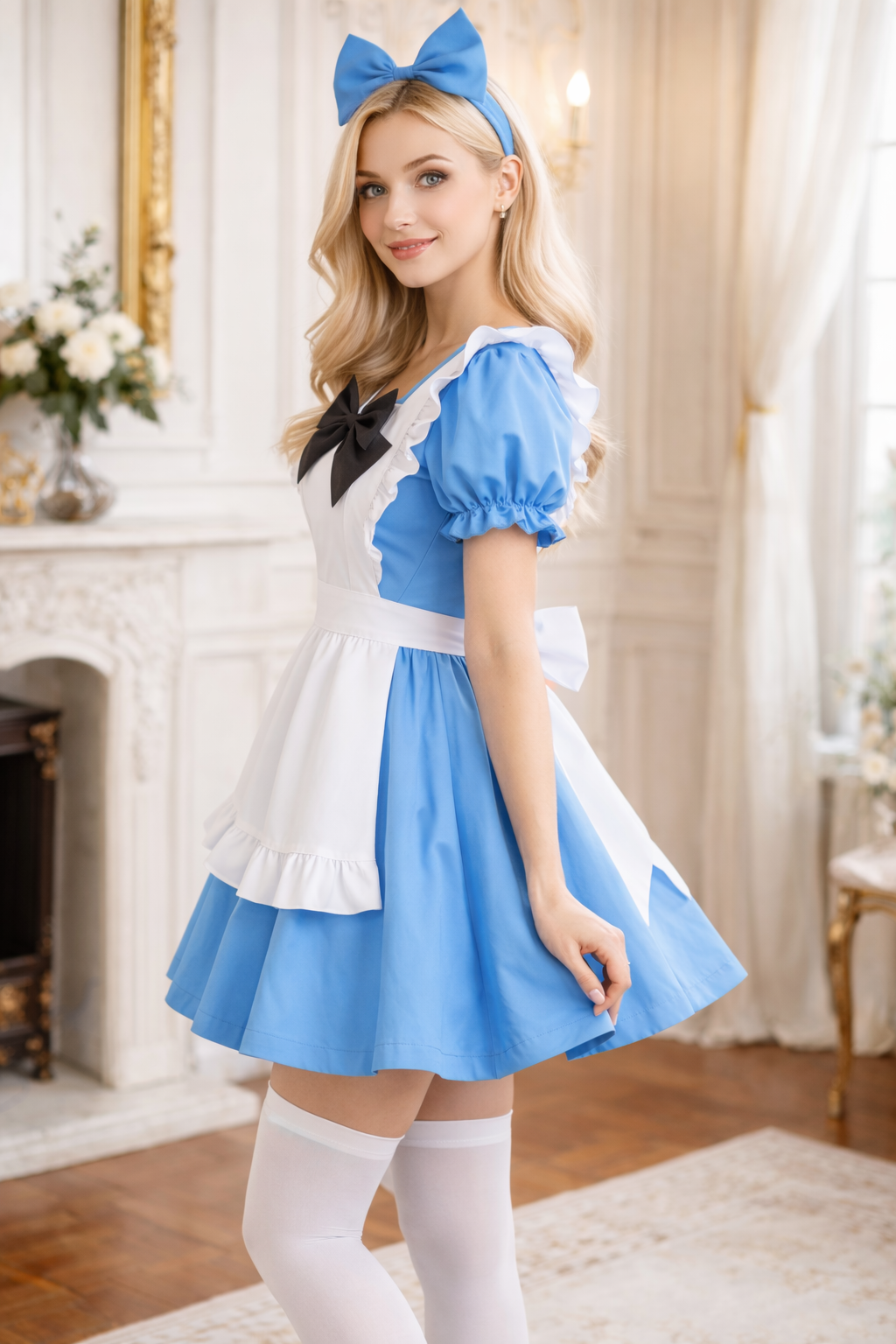 Blue Cotton Sissy Maid Dress with Lockable Apron & Headpiece – Custom Made G3923