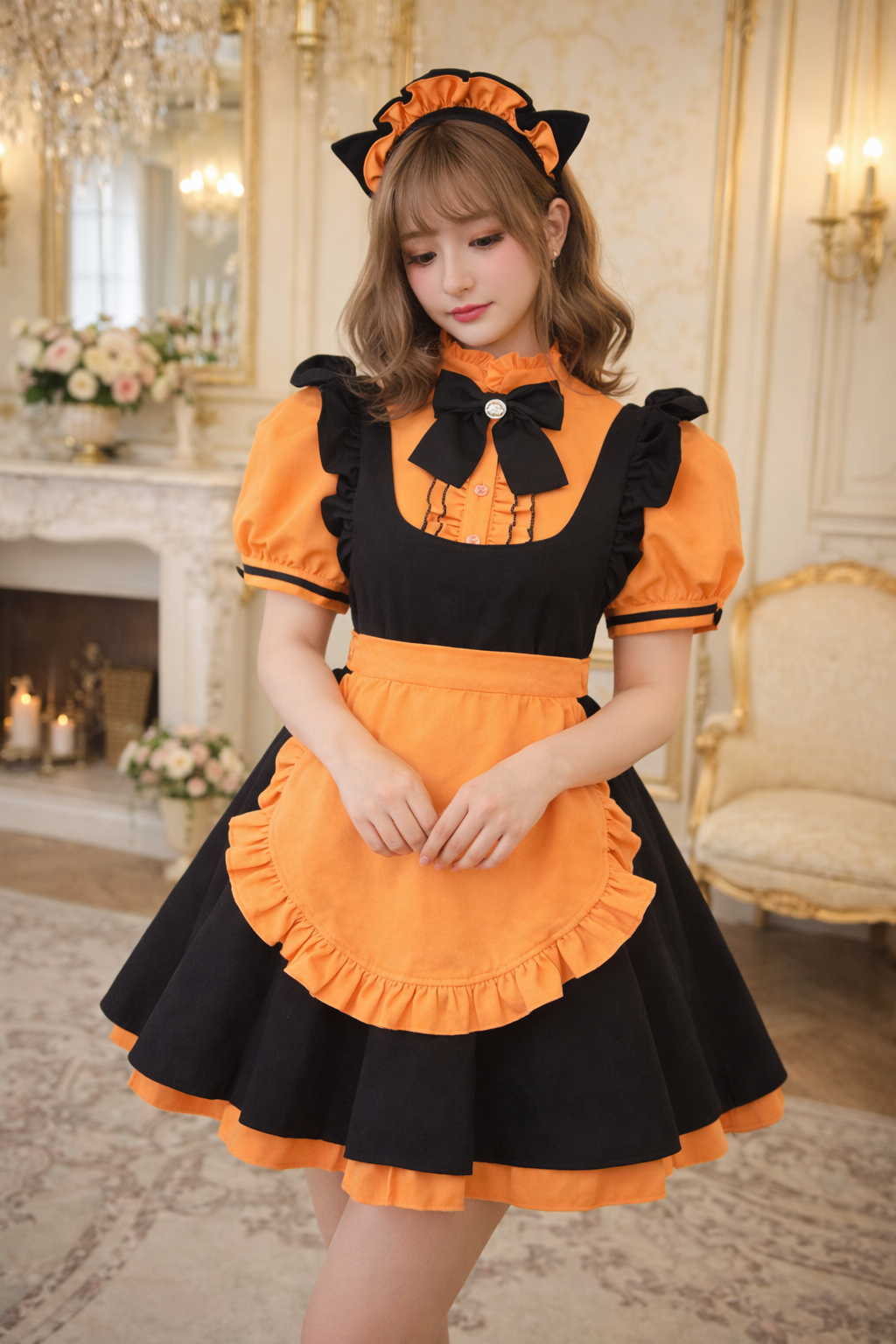 Yellow Cotton Sissy Maid Dress with Lockable Apron & Headpiece – Custom Made G3924