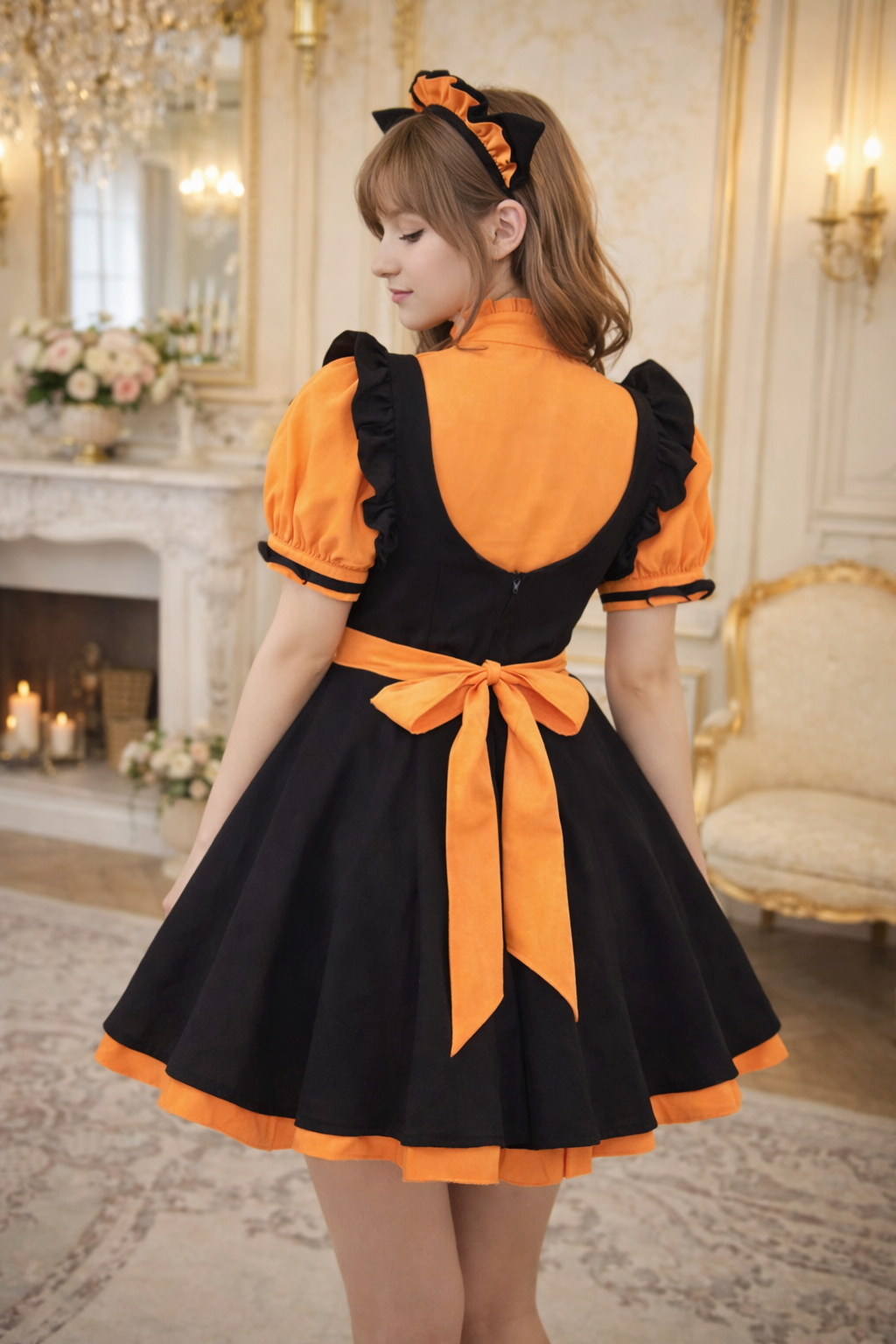 Yellow Cotton Sissy Maid Dress with Lockable Apron & Headpiece – Custom Made G3924