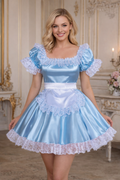 Baby Blue Satin Sissy Maid Dress with Apron – Custom Made G3930