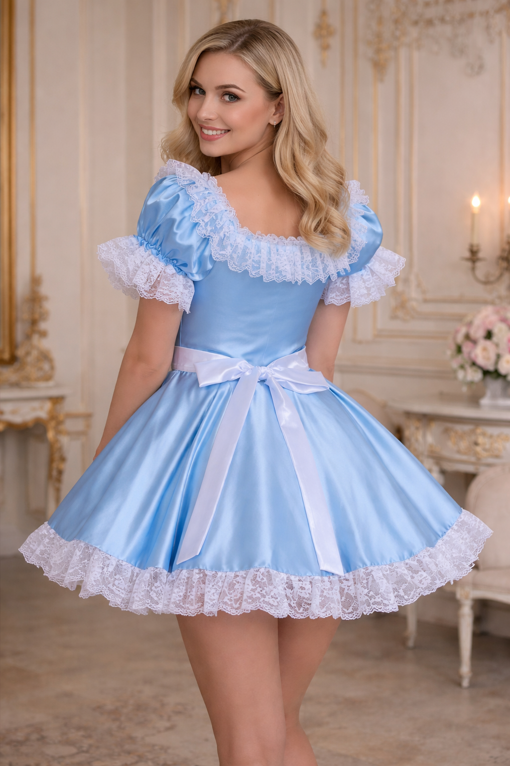 Baby Blue Satin Sissy Maid Dress with Apron – Custom Made G3930