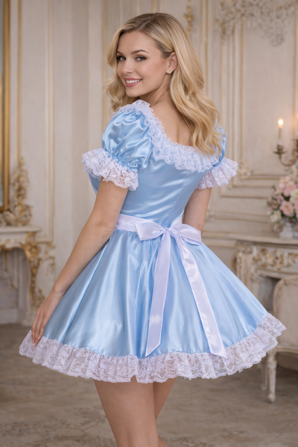 Baby Blue Satin Sissy Maid Dress with Apron – Custom Made G3930
