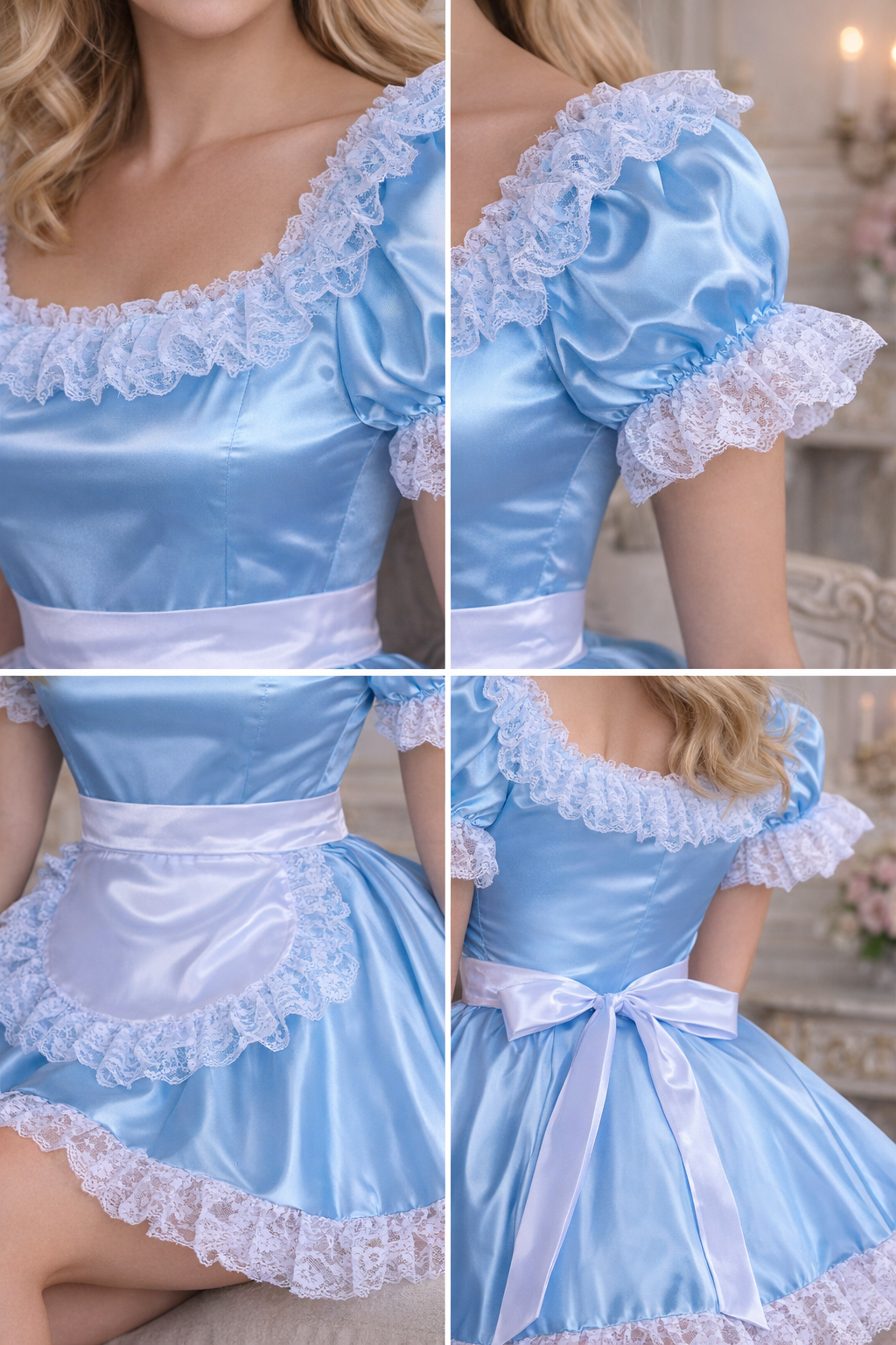 Baby Blue Satin Sissy Maid Dress with Apron – Custom Made G3930