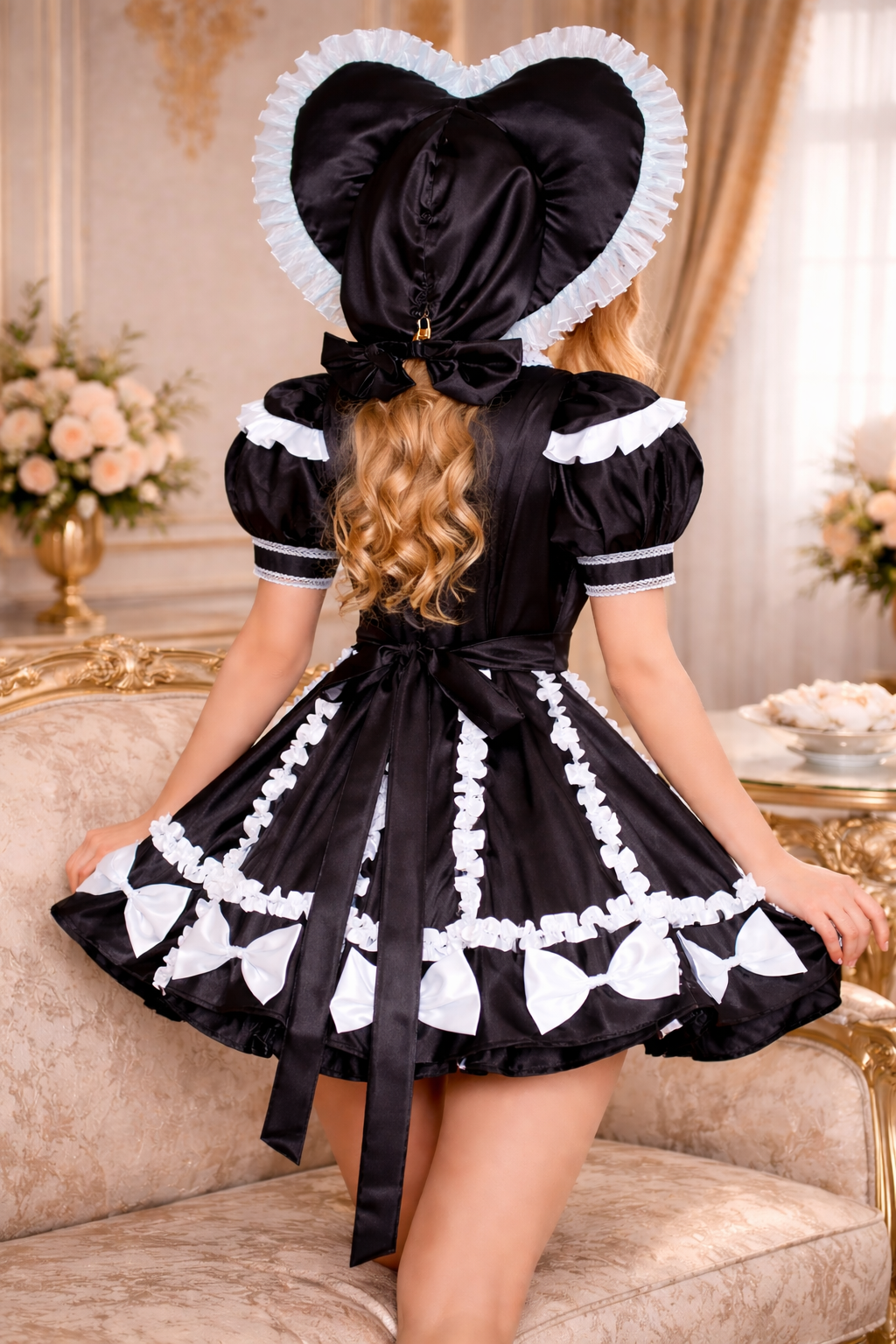 Robe de soubrette en satin noir à capuche avec culotte verrouillable – Sur mesure G3937
