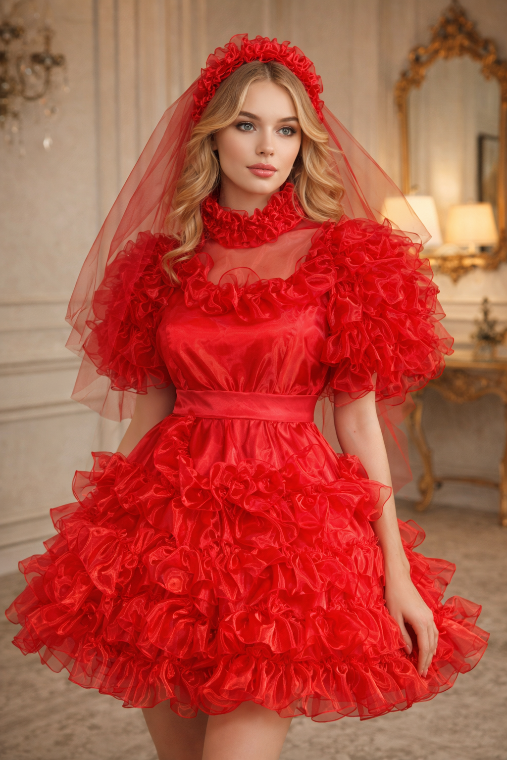 Robe de soubrette en satin rouge et organza avec tablier et voile verrouillables – Confection sur mesure G3939