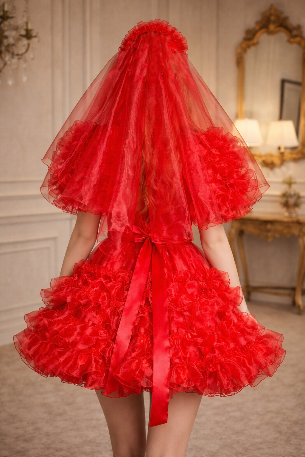 Robe de soubrette en satin rouge et organza avec tablier et voile verrouillables – Confection sur mesure G3939