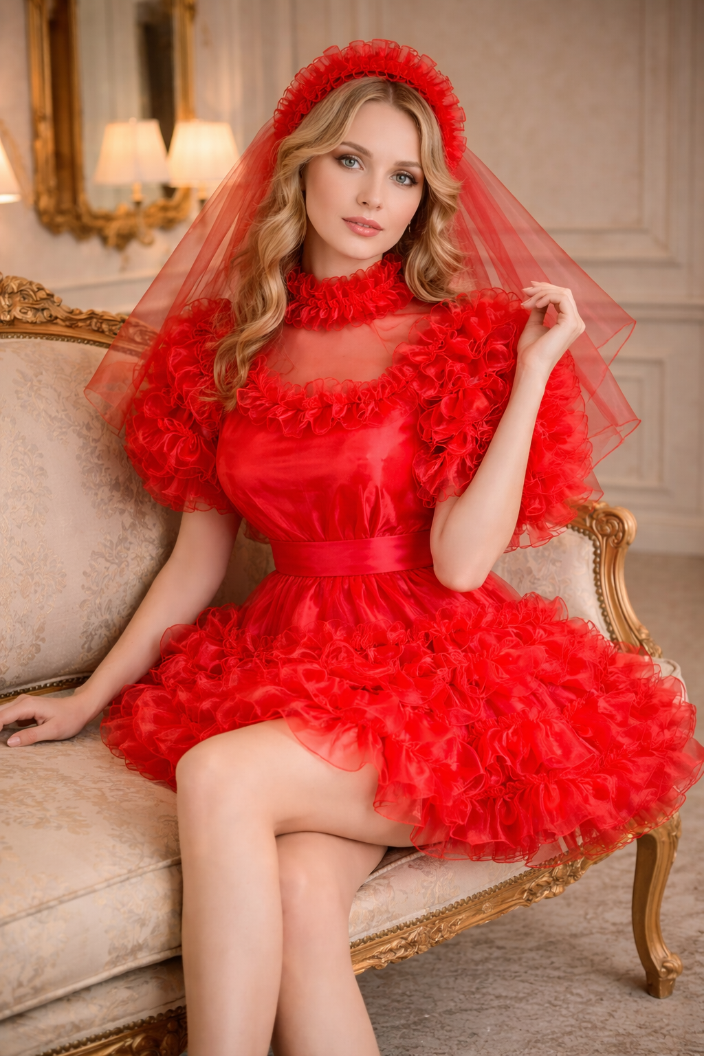 Robe de soubrette en satin rouge et organza avec tablier et voile verrouillables – Confection sur mesure G3939