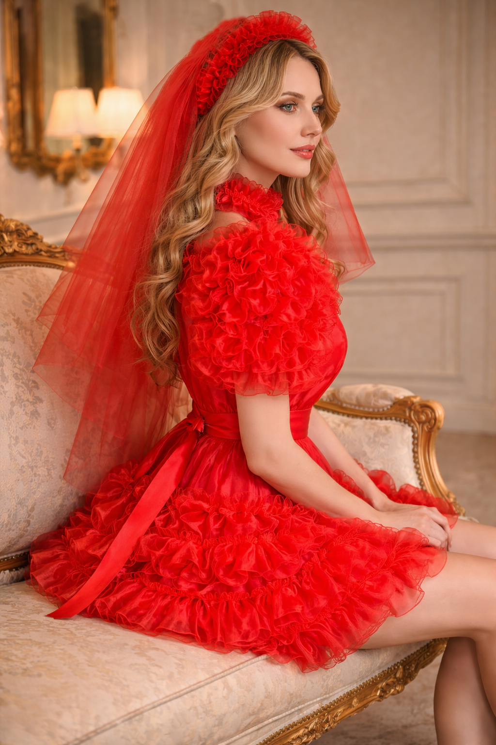 Robe de soubrette en satin rouge et organza avec tablier et voile verrouillables – Confection sur mesure G3939
