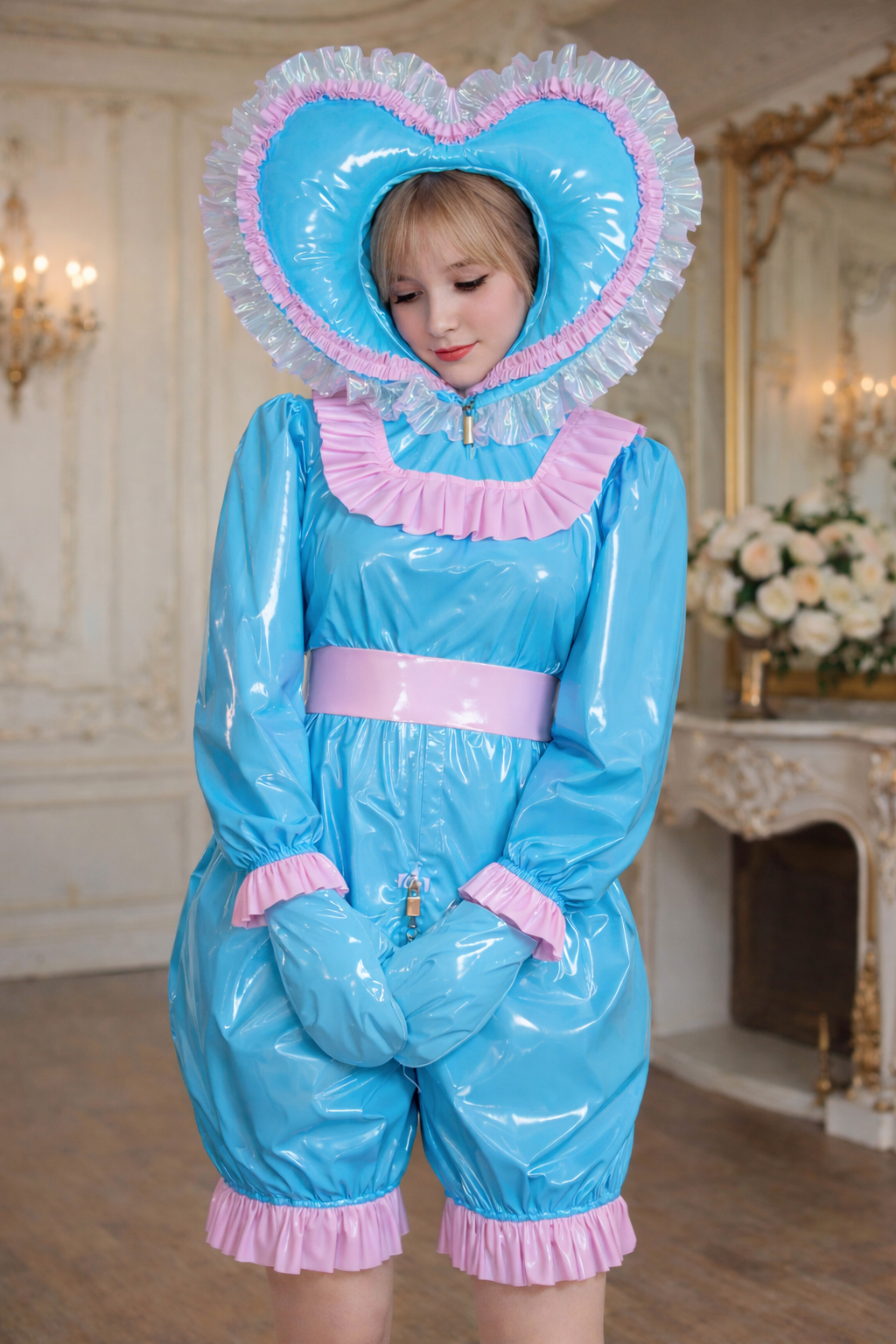 Blue Thin PVC Sissy Maid Hooded Romper with Gloves Lockable – Custom Made G3944