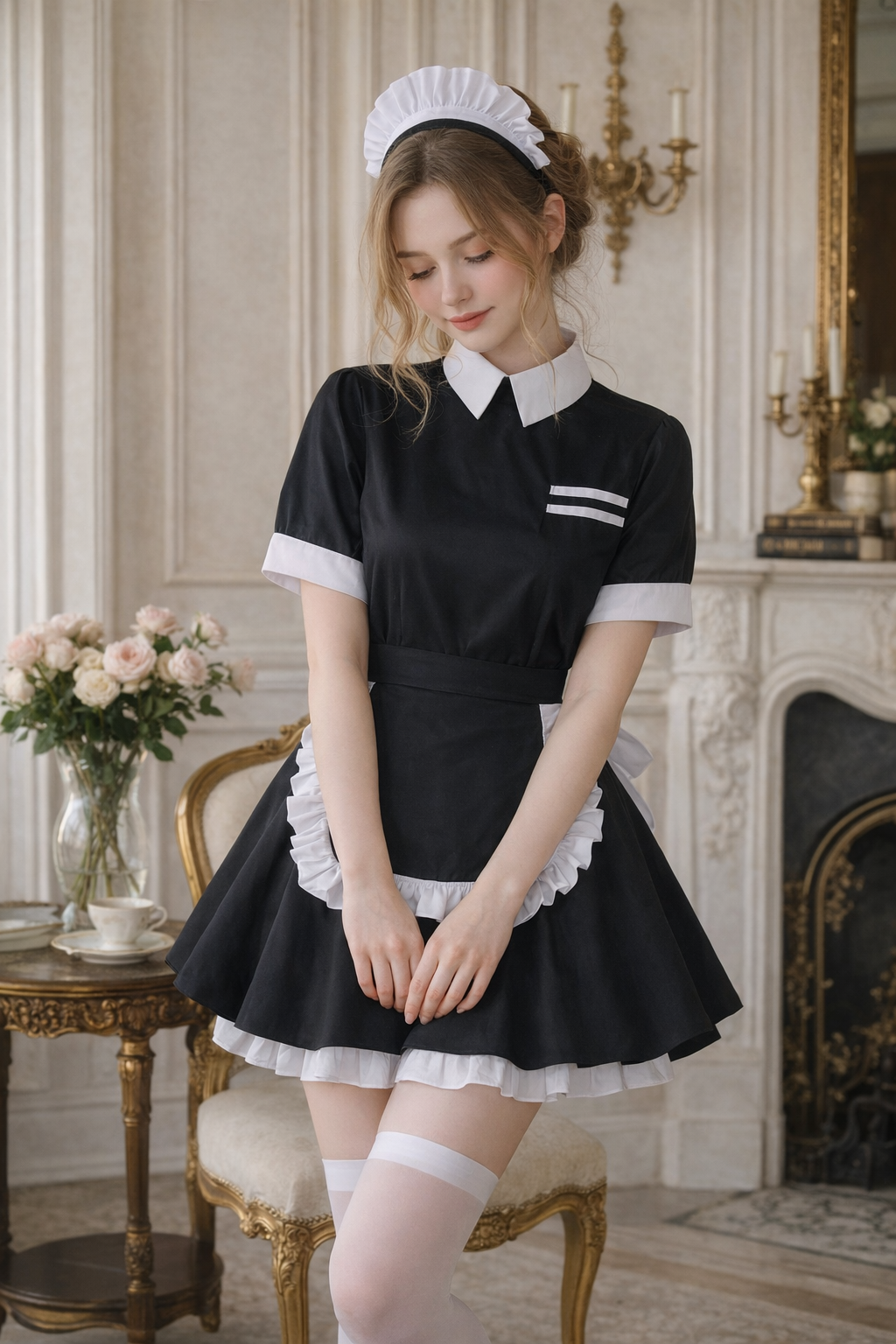Black Cotton Sissy Maid Dress with Apron and Headpiece Lockable – Custom Made G3949
