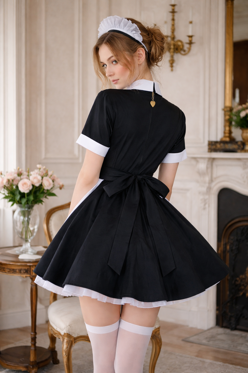Black Cotton Sissy Maid Dress with Apron and Headpiece Lockable – Custom Made G3949