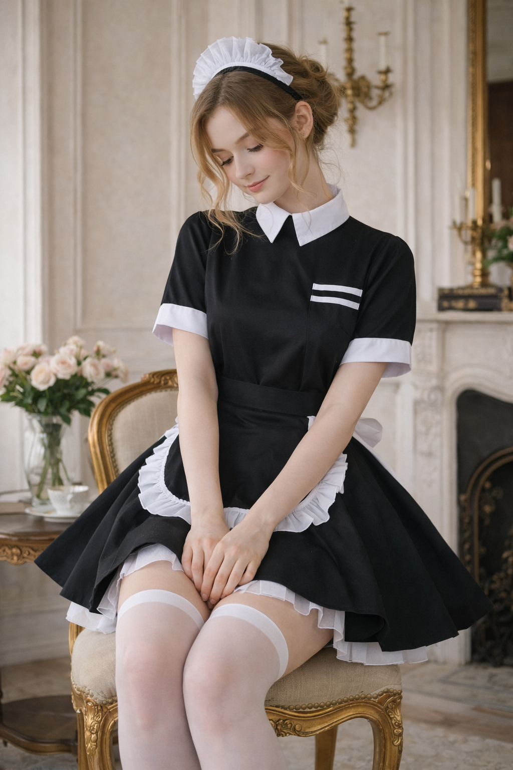 Black Cotton Sissy Maid Dress with Apron and Headpiece Lockable – Custom Made G3949