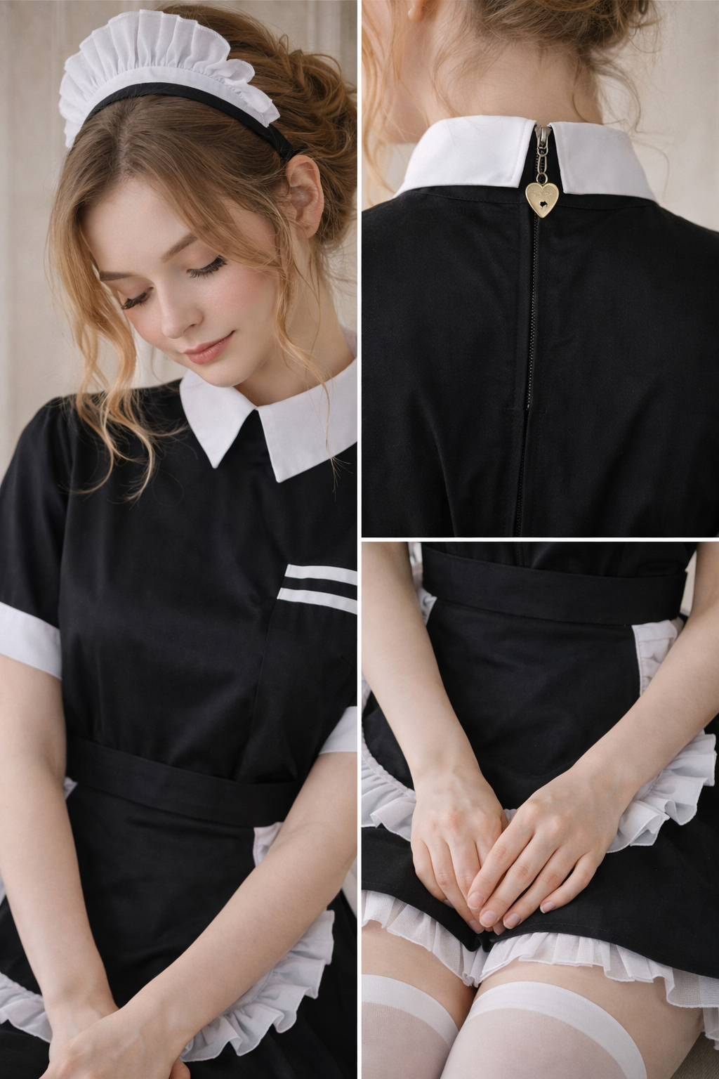 Black Cotton Sissy Maid Dress with Apron and Headpiece Lockable – Custom Made G3949