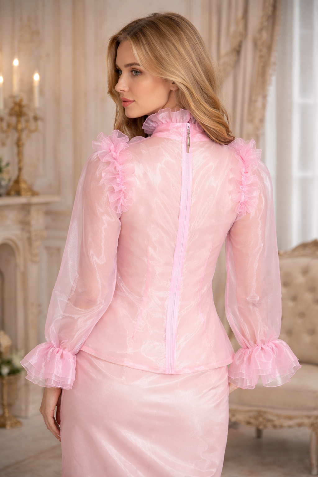Chemisier de soubrette en organza rose pâle avec fermeture – Sur mesure G3951