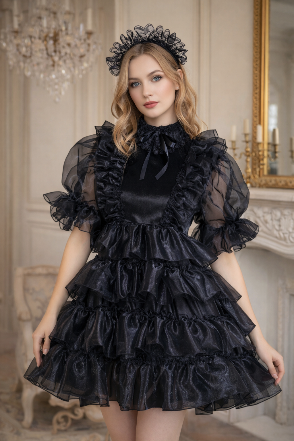 Robe de soubrette en satin noir et organza avec coiffe verrouillable – Sur mesure G3968