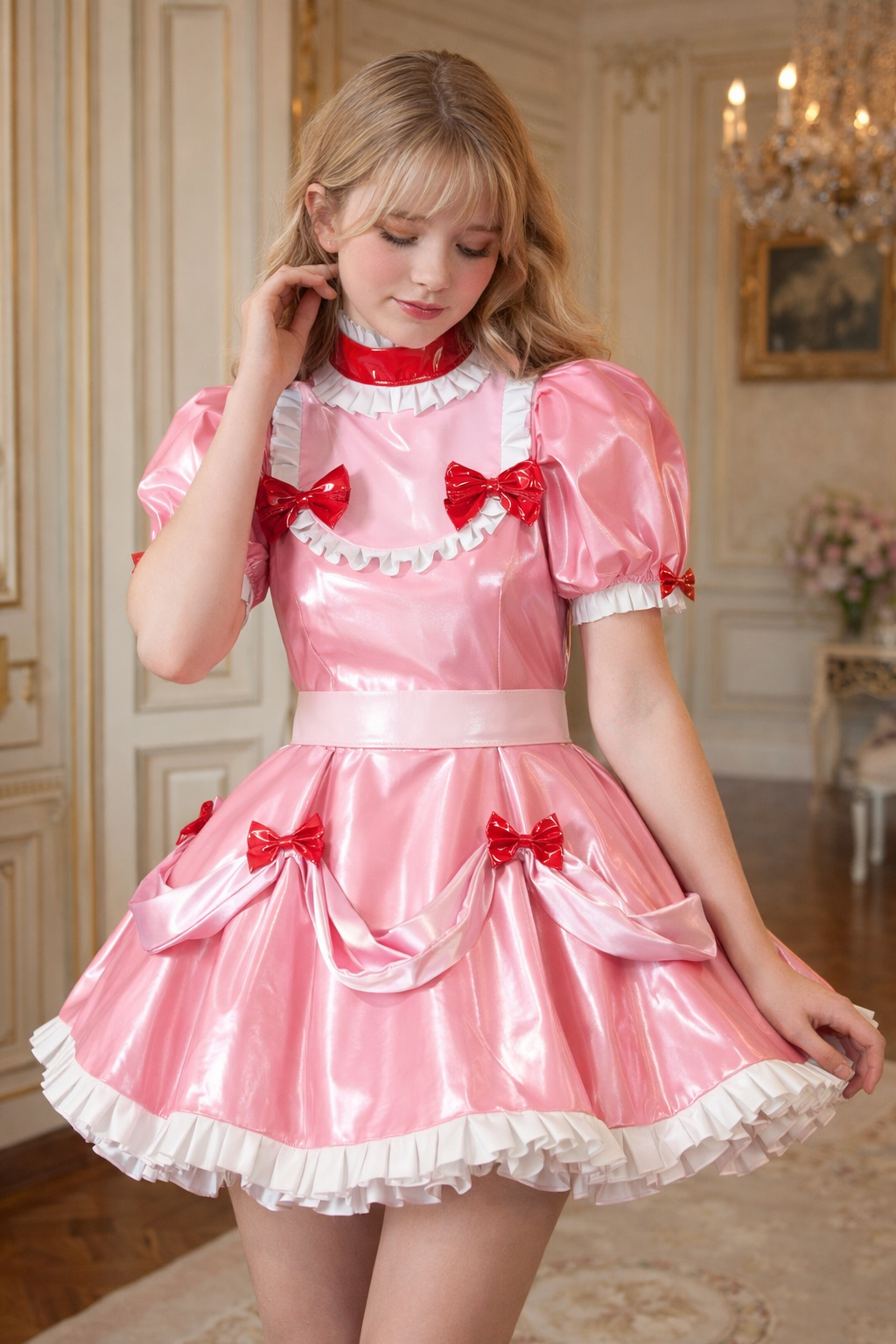 Baby Pink Leather Sissy Maid Dress – Lockable Cosplay Outfit with Belt G3996