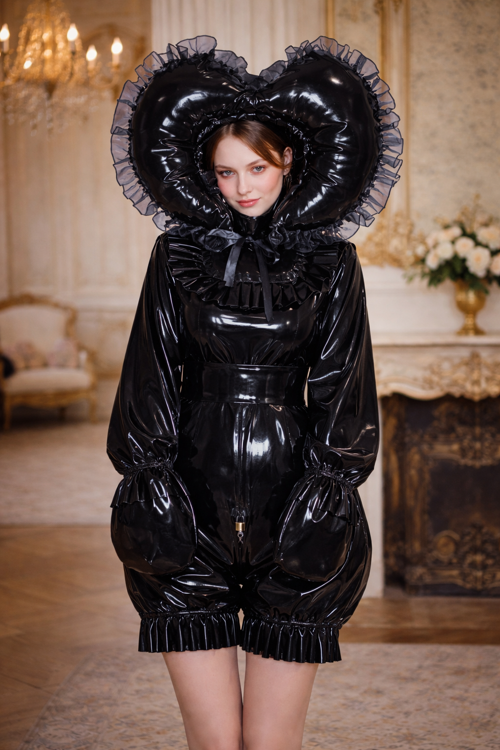 Black Thin PVC Sissy Maid Outfit Set – Lockable Zipper Bodysuit with Hood, Gloves and Belt G4011
