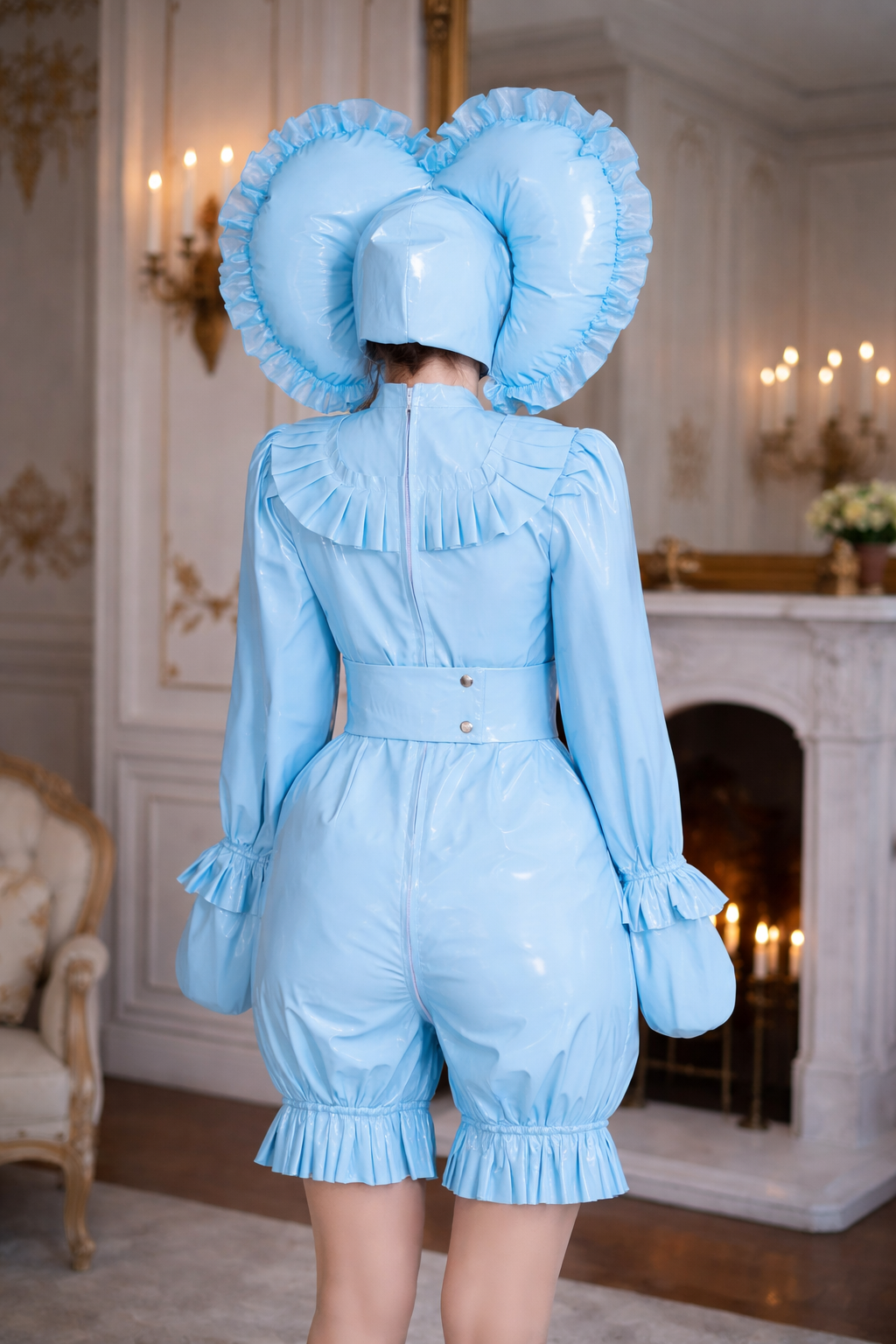 Baby Blue Thin PVC Sissy Outfit Set – Lockable Zipper Bodysuit with Hood, Gloves and Belt G4013