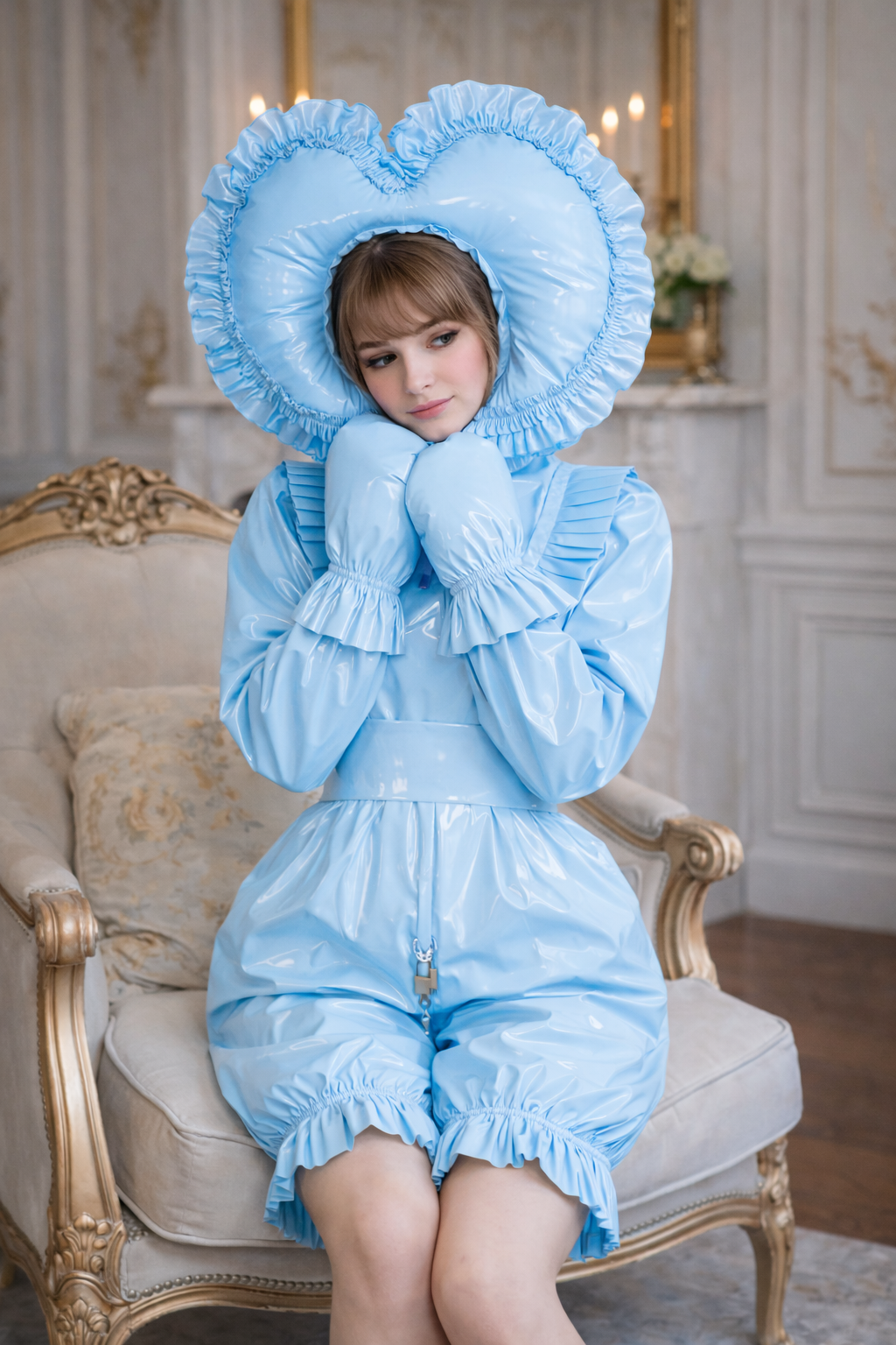 Baby Blue Thin PVC Sissy Outfit Set – Lockable Zipper Bodysuit with Hood, Gloves and Belt G4013