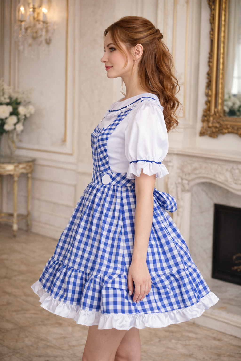 Ensemble robe de soubrette en coton et satin à carreaux bleus – Chemisier verrouillable avec robe G4014
