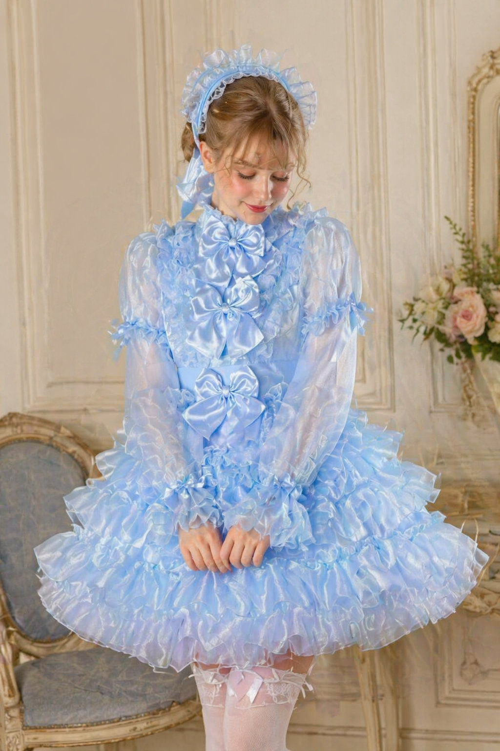 Baby Blue Satin & Organza Sissy Maid Dress Set – Lockable Back Zipper Outfit with Apron and Headband G4023