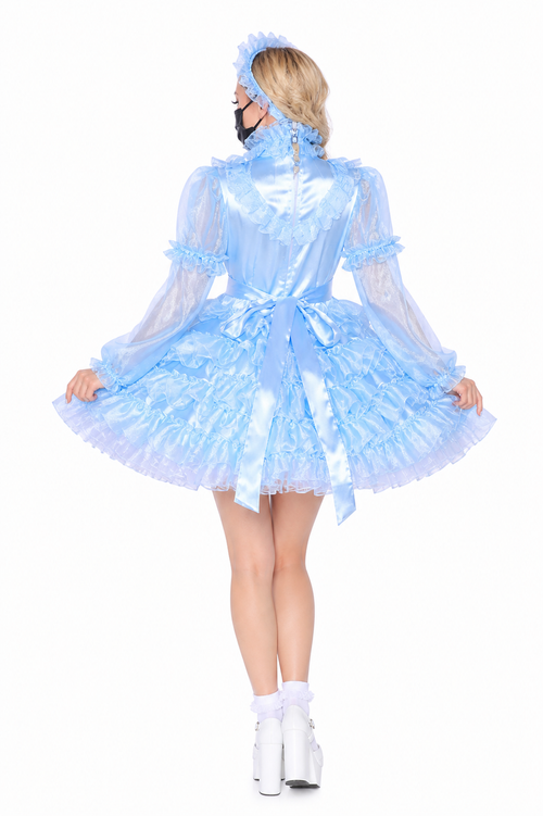 Ensemble robe de soubrette en satin et organza bleu ciel – Fermeture éclair au dos avec tablier et bandeau G4023