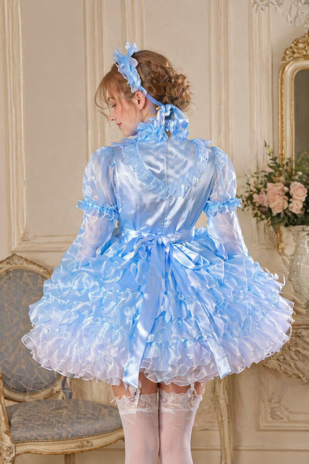 Baby Blue Satin & Organza Sissy Maid Dress Set – Lockable Back Zipper Outfit with Apron and Headband G4023