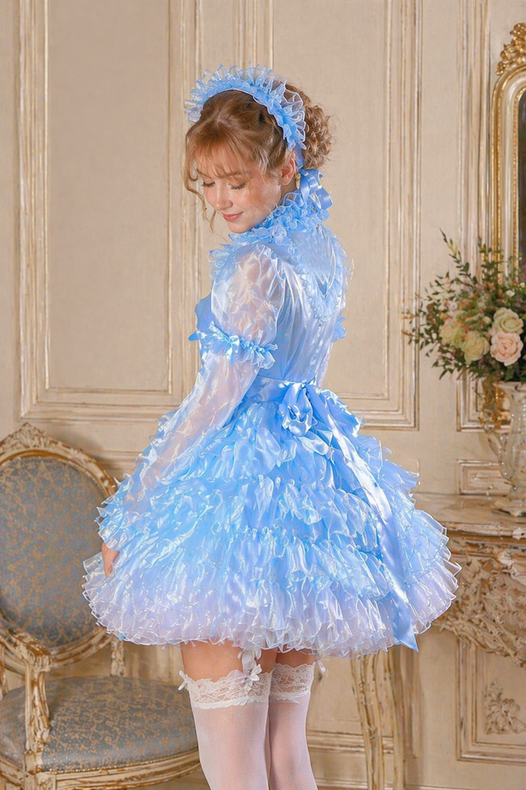 Baby Blue Satin & Organza Sissy Maid Dress Set – Lockable Back Zipper Outfit with Apron and Headband G4023