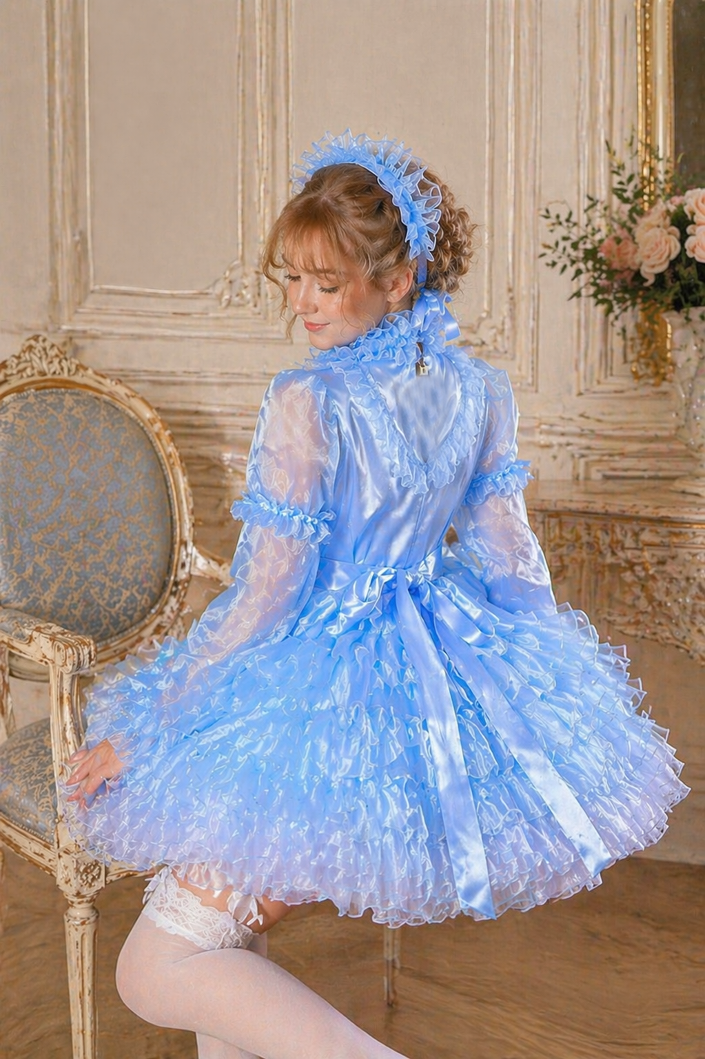 Baby Blue Satin & Organza Sissy Maid Dress Set – Lockable Back Zipper Outfit with Apron and Headband G4023