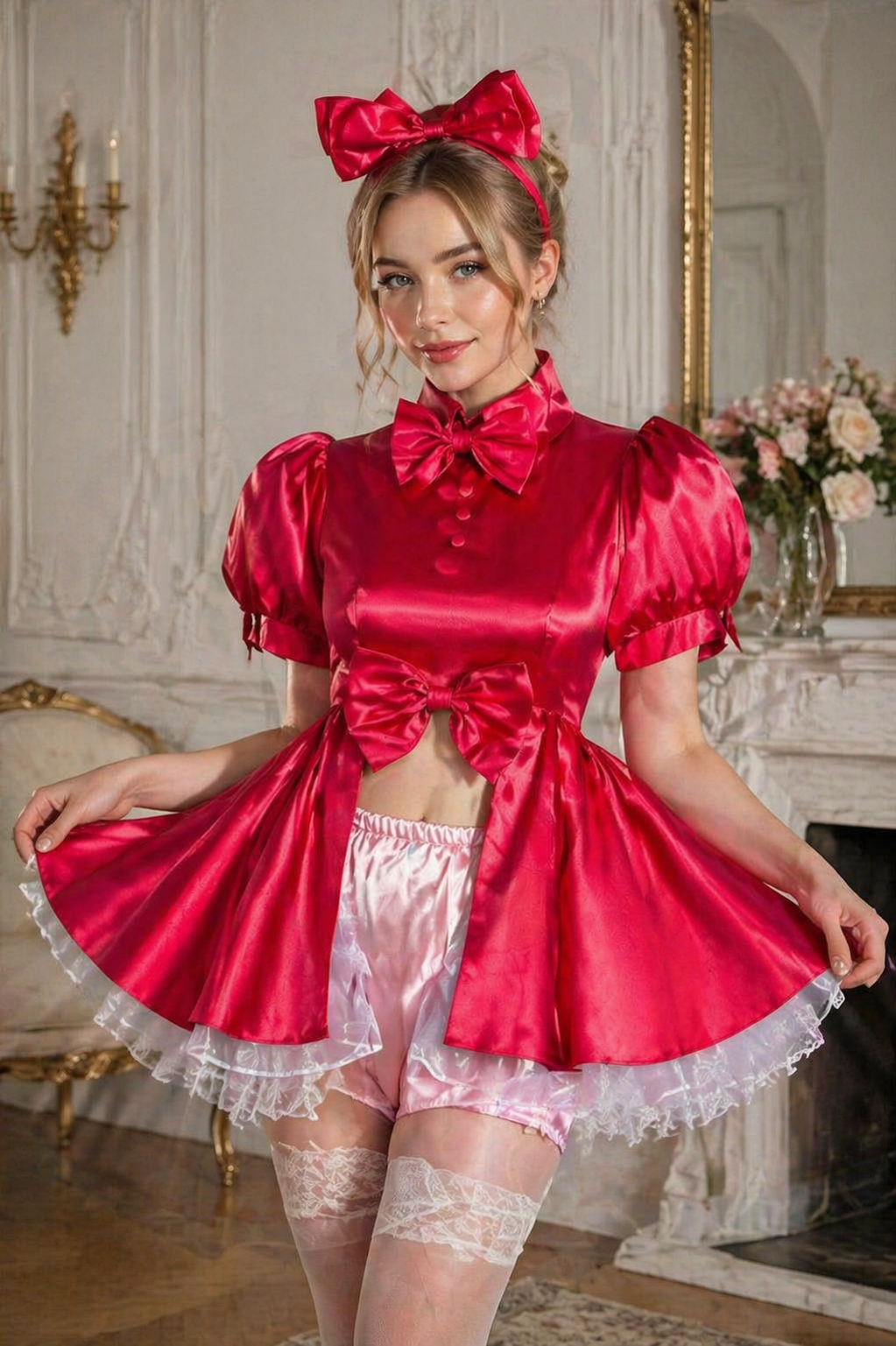 Ensemble robe de soubrette en satin rouge – Tenue avec fermeture éclair au dos, culotte et bandeau G4034