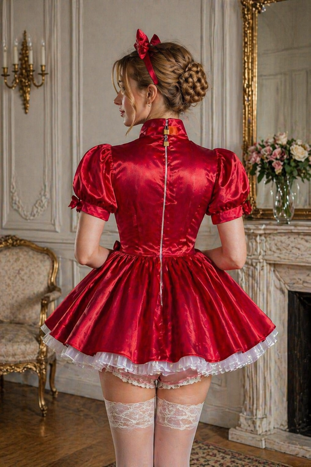 Ensemble robe de soubrette en satin rouge – Tenue avec fermeture éclair au dos, culotte et bandeau G4034
