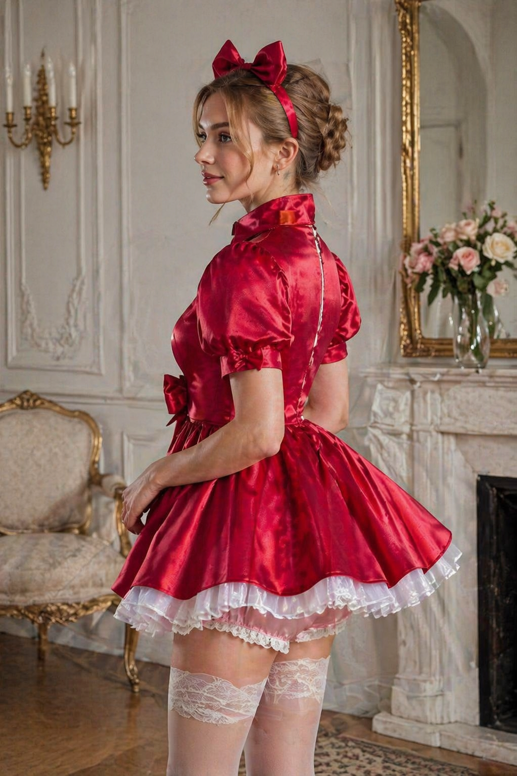 Ensemble robe de soubrette en satin rouge – Tenue avec fermeture éclair au dos, culotte et bandeau G4034