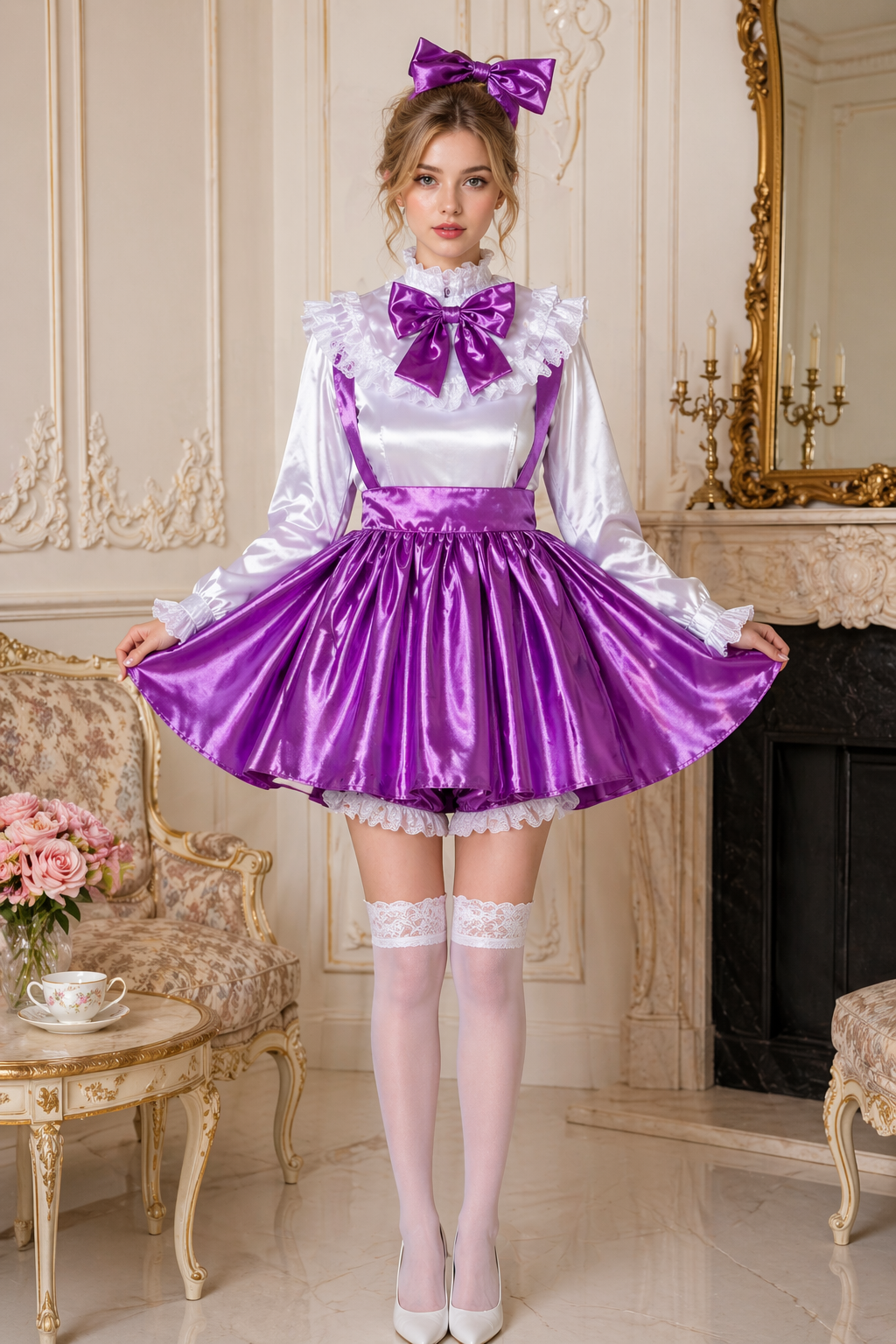 Ensemble robe de soubrette en satin violet – Fermeture éclair au dos verrouillable, comprenant chemisier et culotte G4037