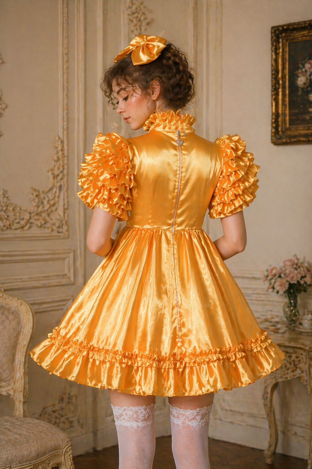 Ensemble robe de soubrette en satin jaune – Tenue avec fermeture éclair au dos, culotte et bandeau G4040