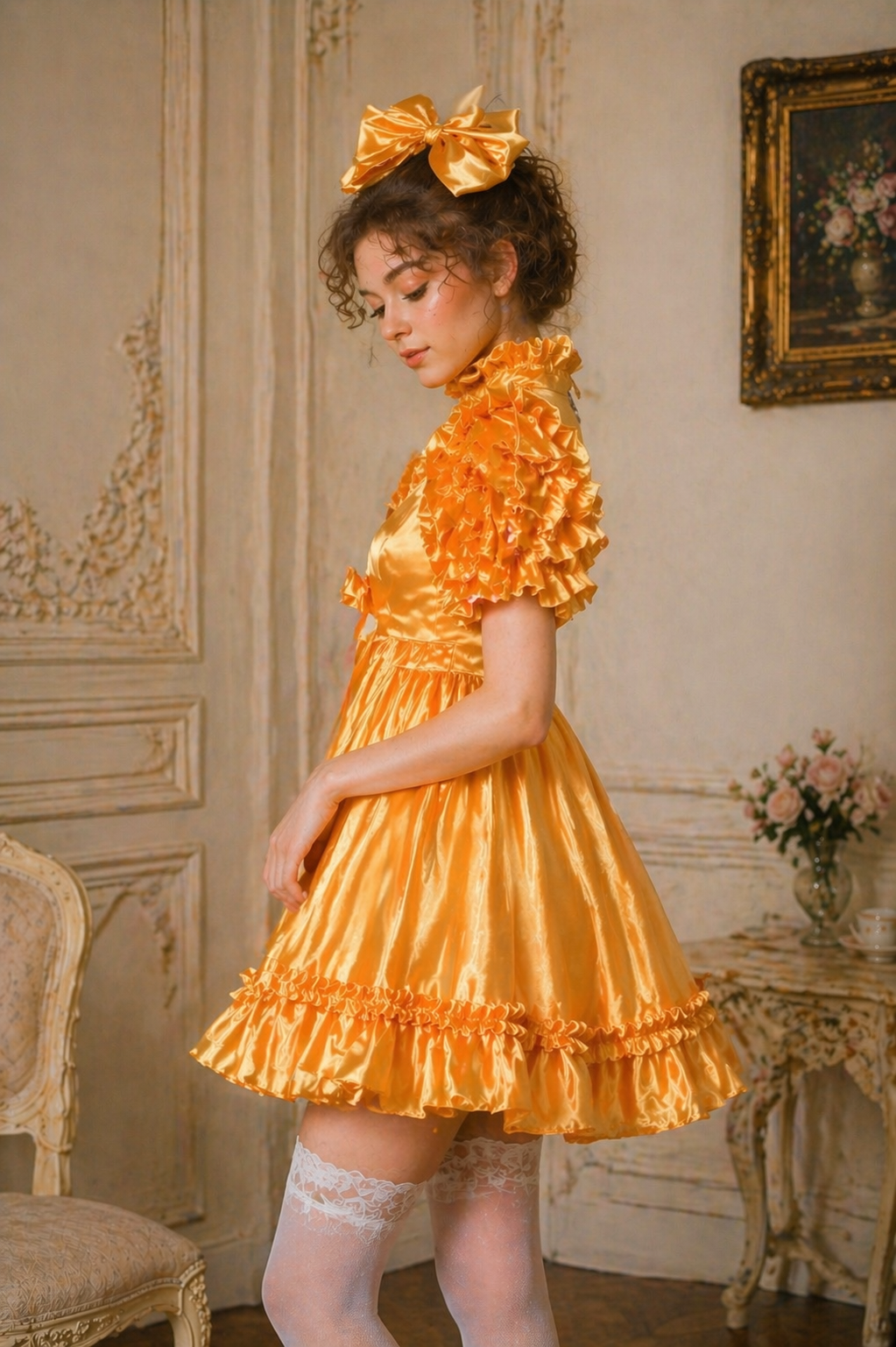 Ensemble robe de soubrette en satin jaune – Tenue avec fermeture éclair au dos, culotte et bandeau G4040