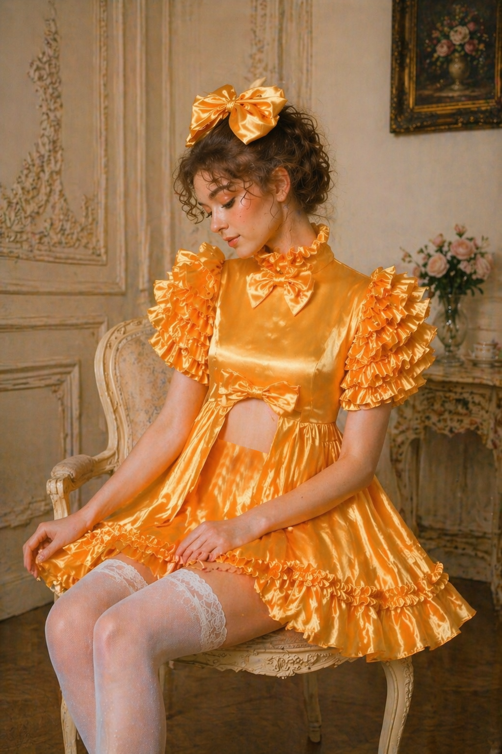 Ensemble robe de soubrette en satin jaune – Tenue avec fermeture éclair au dos, culotte et bandeau G4040