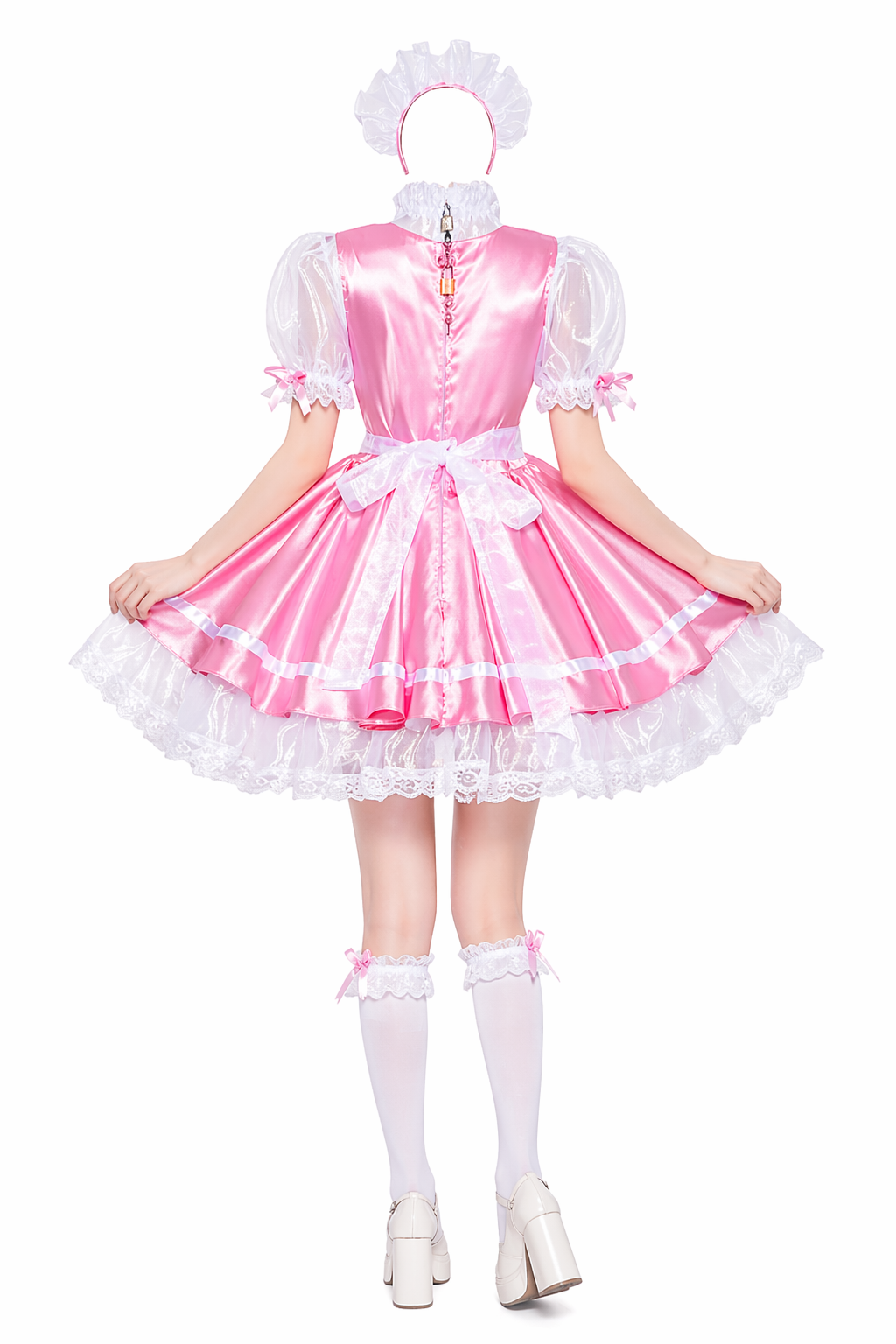 Baby Pink Satin & Organza Sissy Maid Dress Set – Layered Maid Outfit with Headband & Lockable Back Zipper G4048