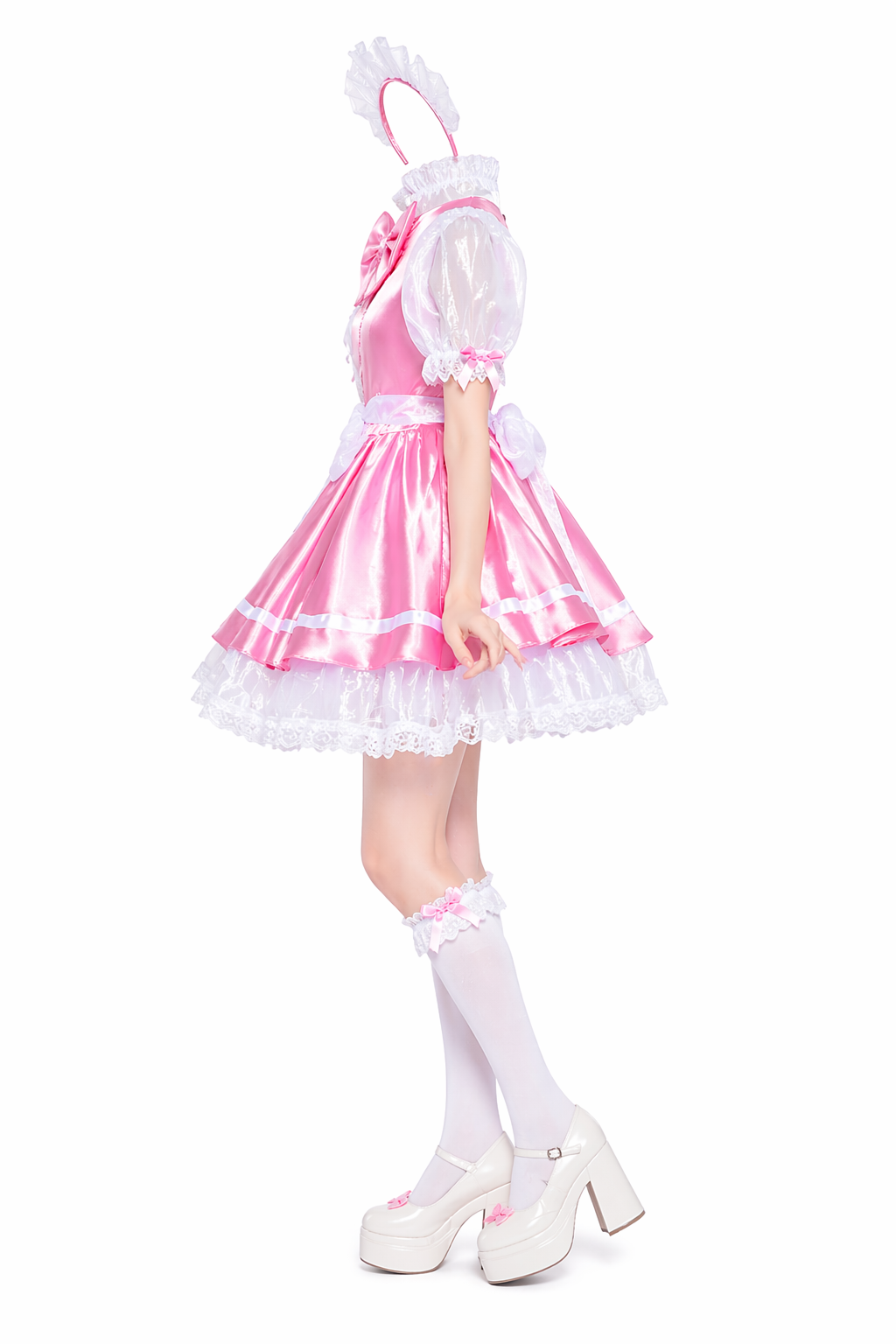 Baby Pink Satin & Organza Sissy Maid Dress Set – Layered Maid Outfit with Headband & Lockable Back Zipper G4048