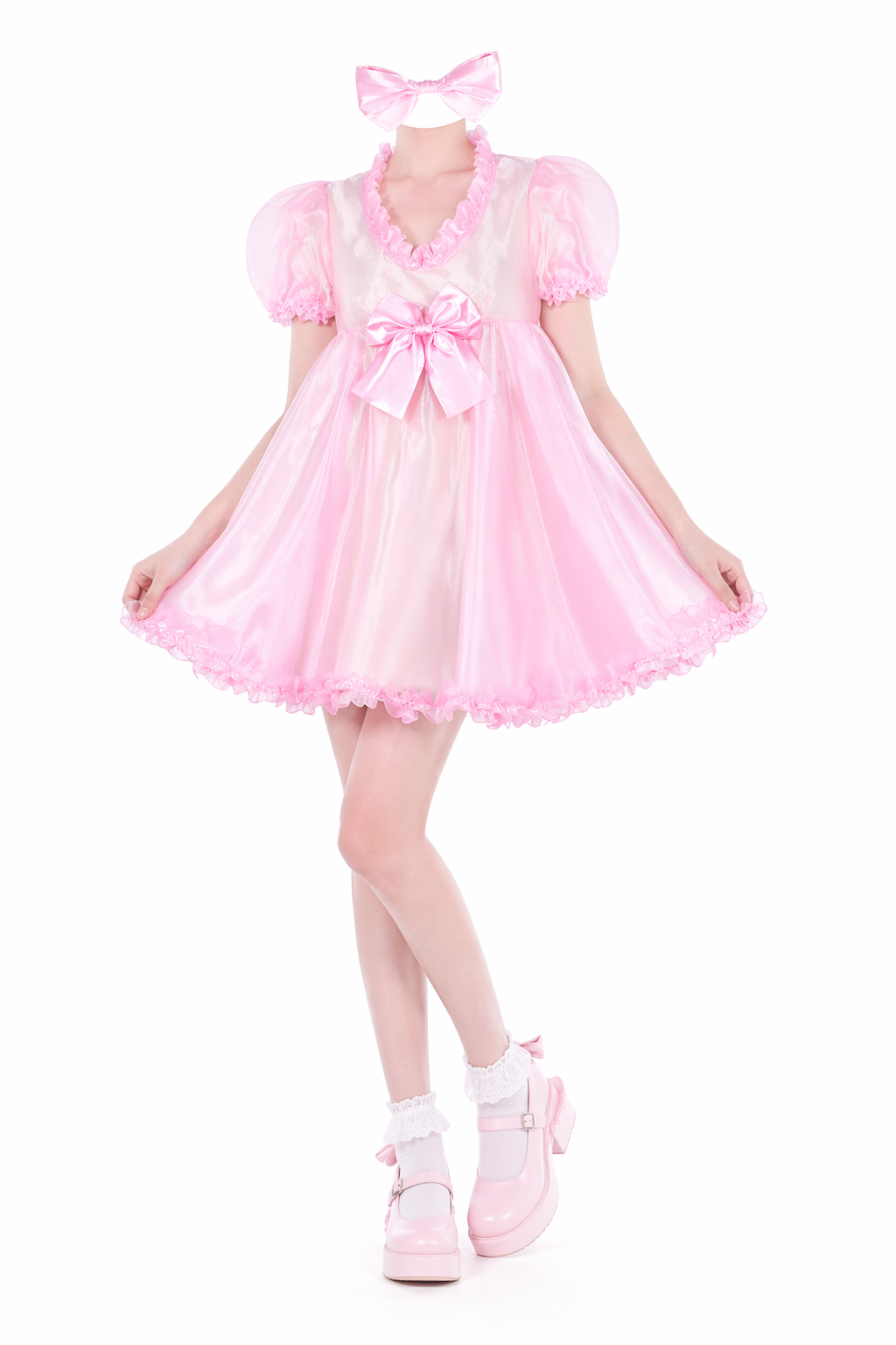 Baby Pink Organza Sissy Maid Dress – Sheer Puff Sleeve Maid Outfit with Bow Headband & Lockable Back Zipper G4052