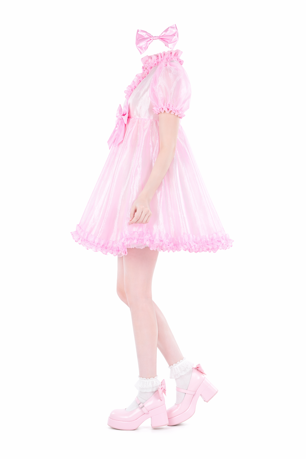 Baby Pink Organza Sissy Maid Dress – Sheer Puff Sleeve Maid Outfit with Bow Headband & Lockable Back Zipper G4052