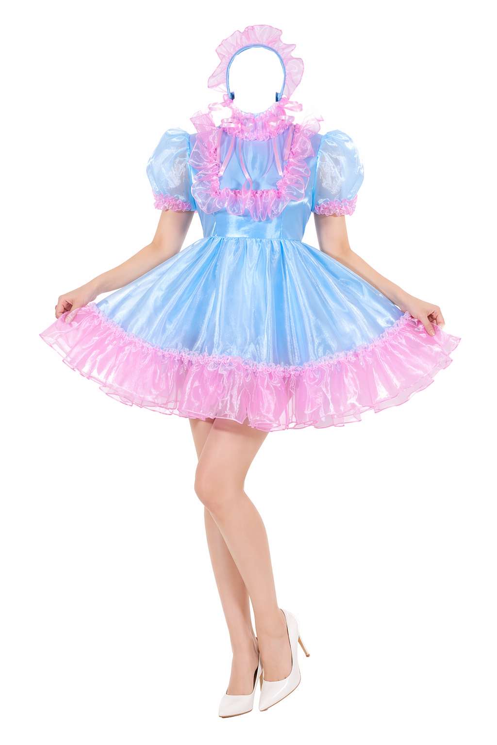 Baby Blue Satin & Organza Sissy Maid Dress – Ruffled Maid Outfit with Headband & Lockable Back Zipper G4055