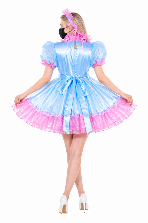 Robe de soubrette bleu ciel en satin et organza – Tenue de soubrette à volants avec bandeau et fermeture éclair verrouillable au dos G4055