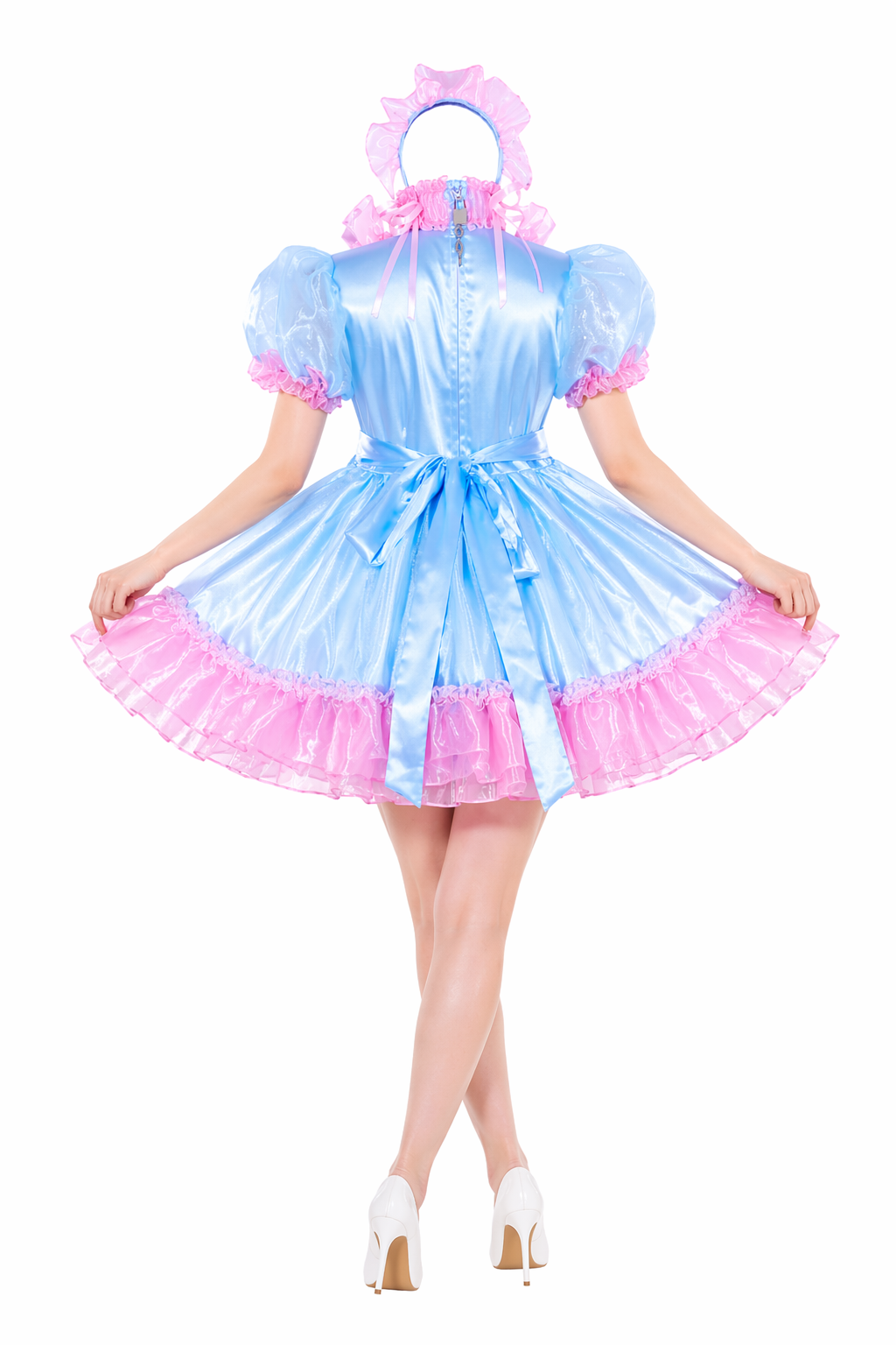 Baby Blue Satin & Organza Sissy Maid Dress – Ruffled Maid Outfit with Headband & Lockable Back Zipper G4055