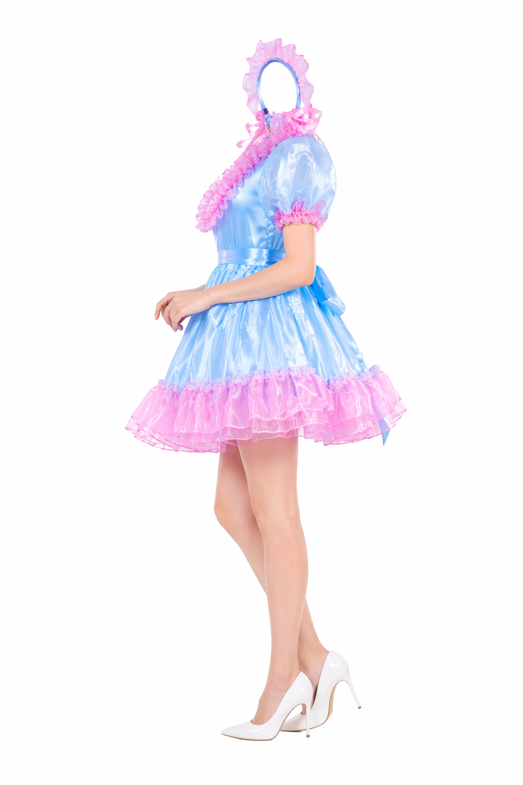Baby Blue Satin & Organza Sissy Maid Dress – Ruffled Maid Outfit with Headband & Lockable Back Zipper G4055